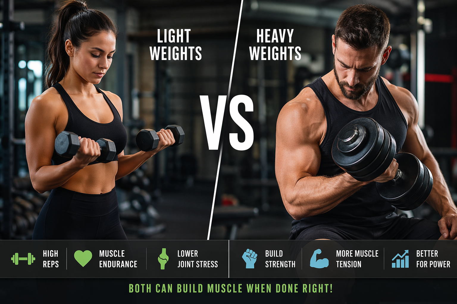 A man and a woman working out using dumbbells with a tank top on.