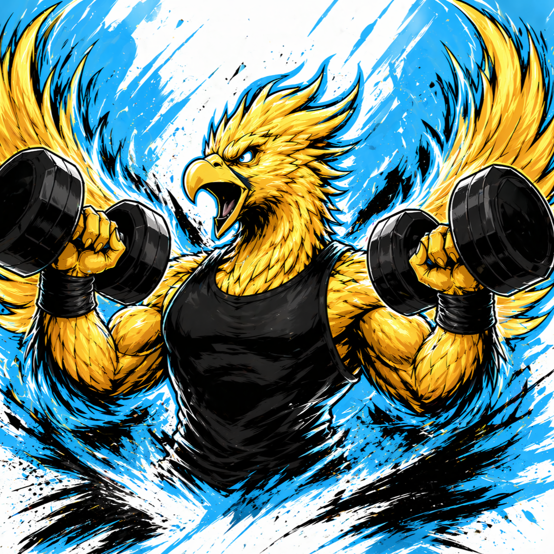 A bird with muscles with weight and his mouth open . personal trainers smyrna ga.