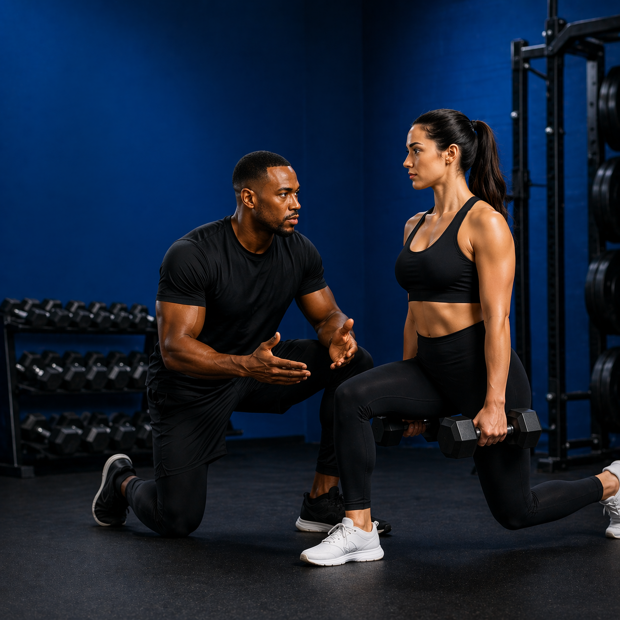 A man and a woman working out wearing all black in a gym.