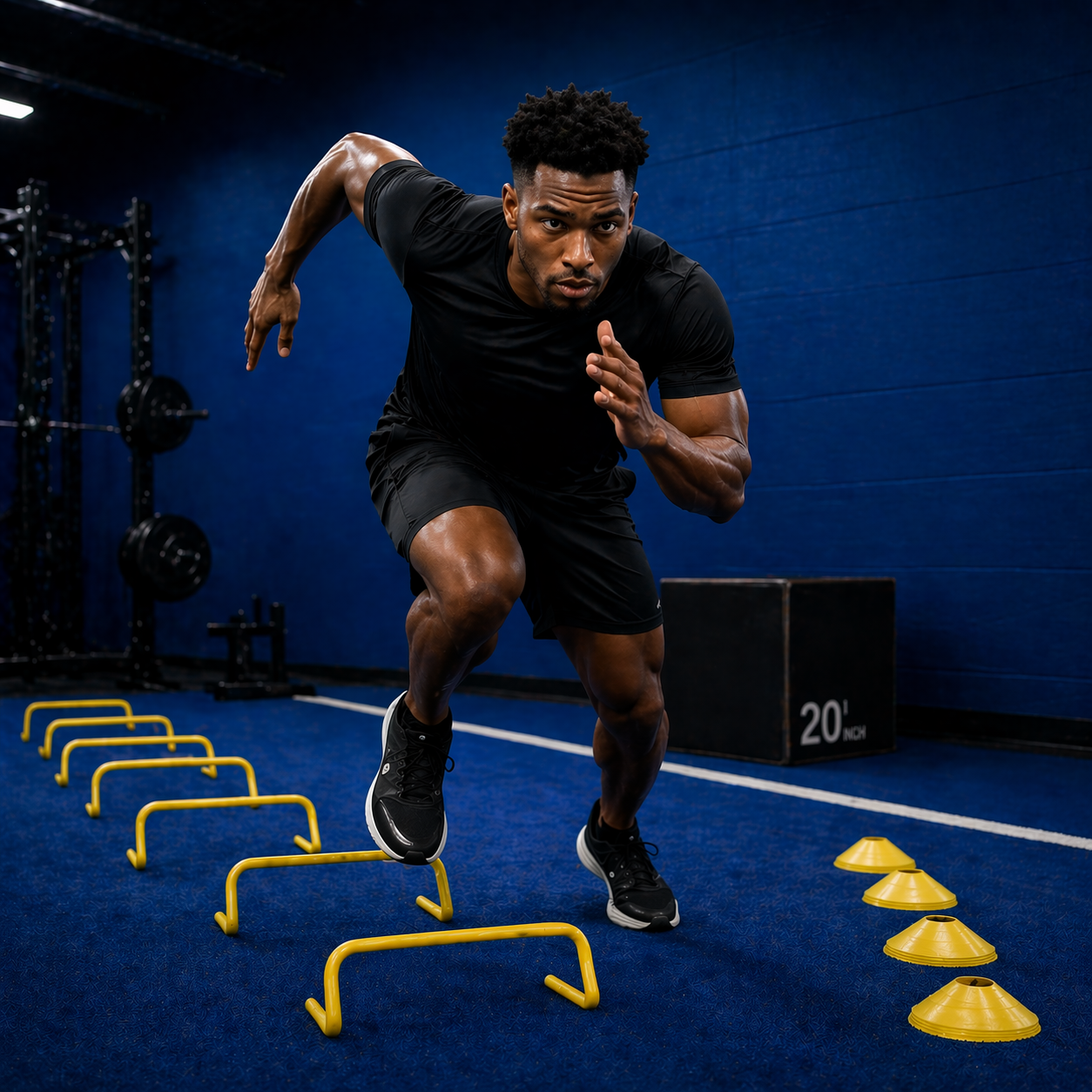 the athlete running near some yellow cones in the gym. 