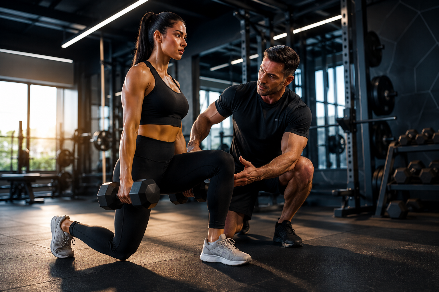 Two individuals training in all black. one person holding a dumbbell. Personal trainers in Smyrna, GA.