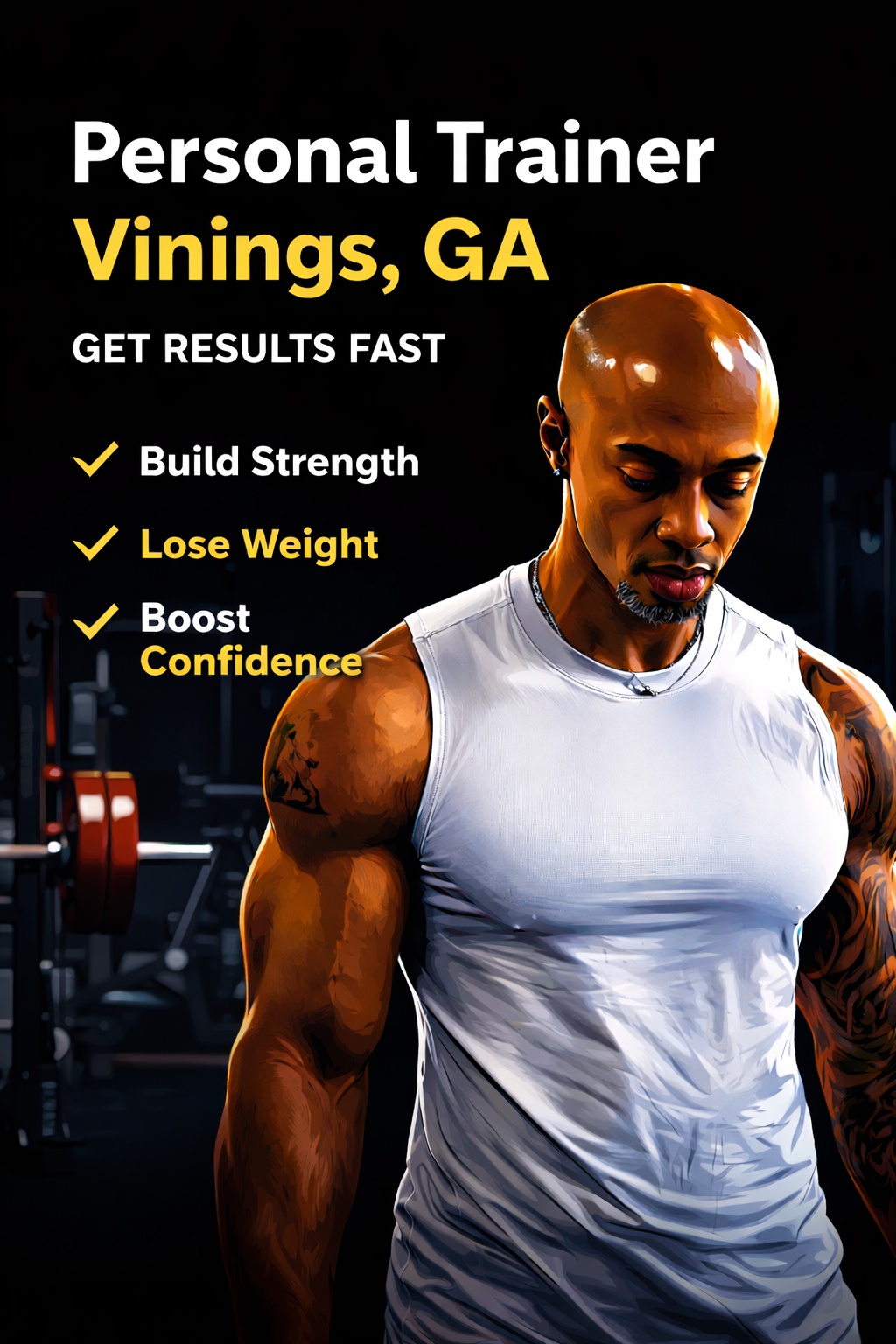 a personal trainer Vinings, GA with a white shirt on with a bald head.