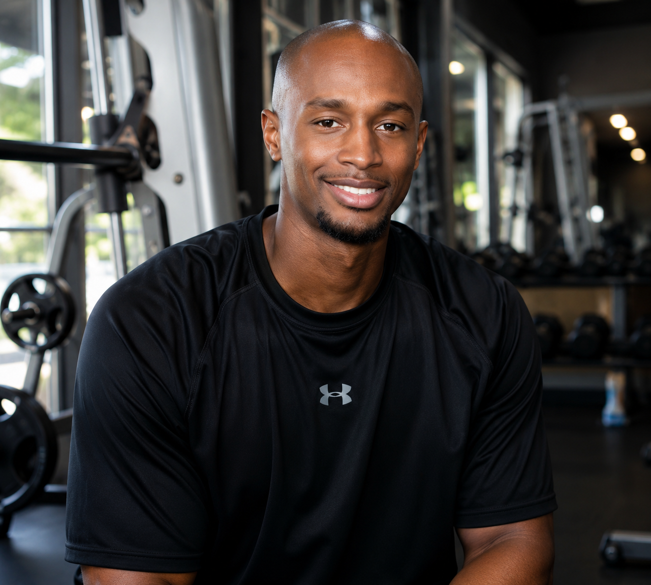 A bald man with smiling with a black shirt on sitting down.