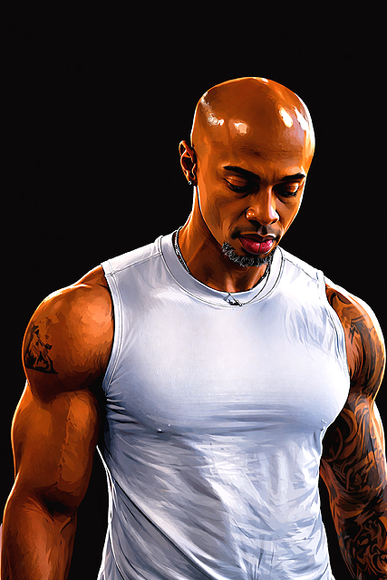 A man looking down with a white cut off t shirt . Personal trainer Atlanta, GA.