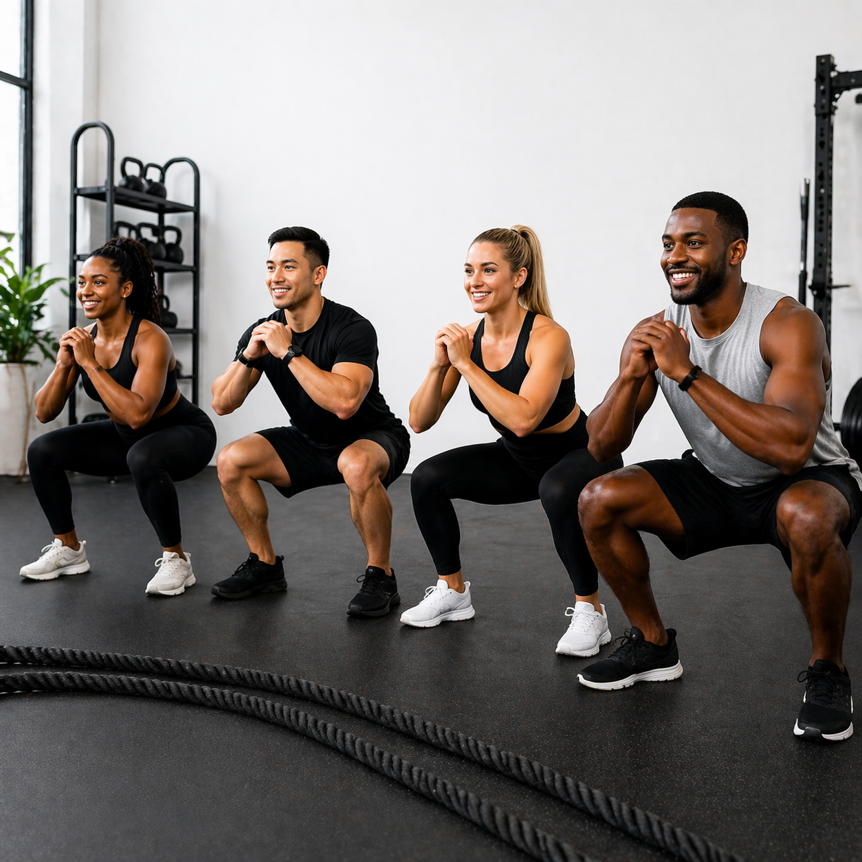 Four people two men and two women doing a workout called squats.