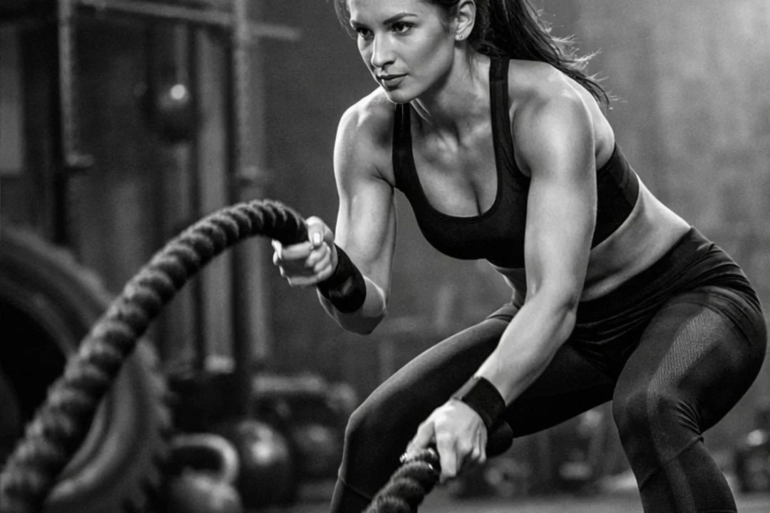  A woman exercising using a rope to training.