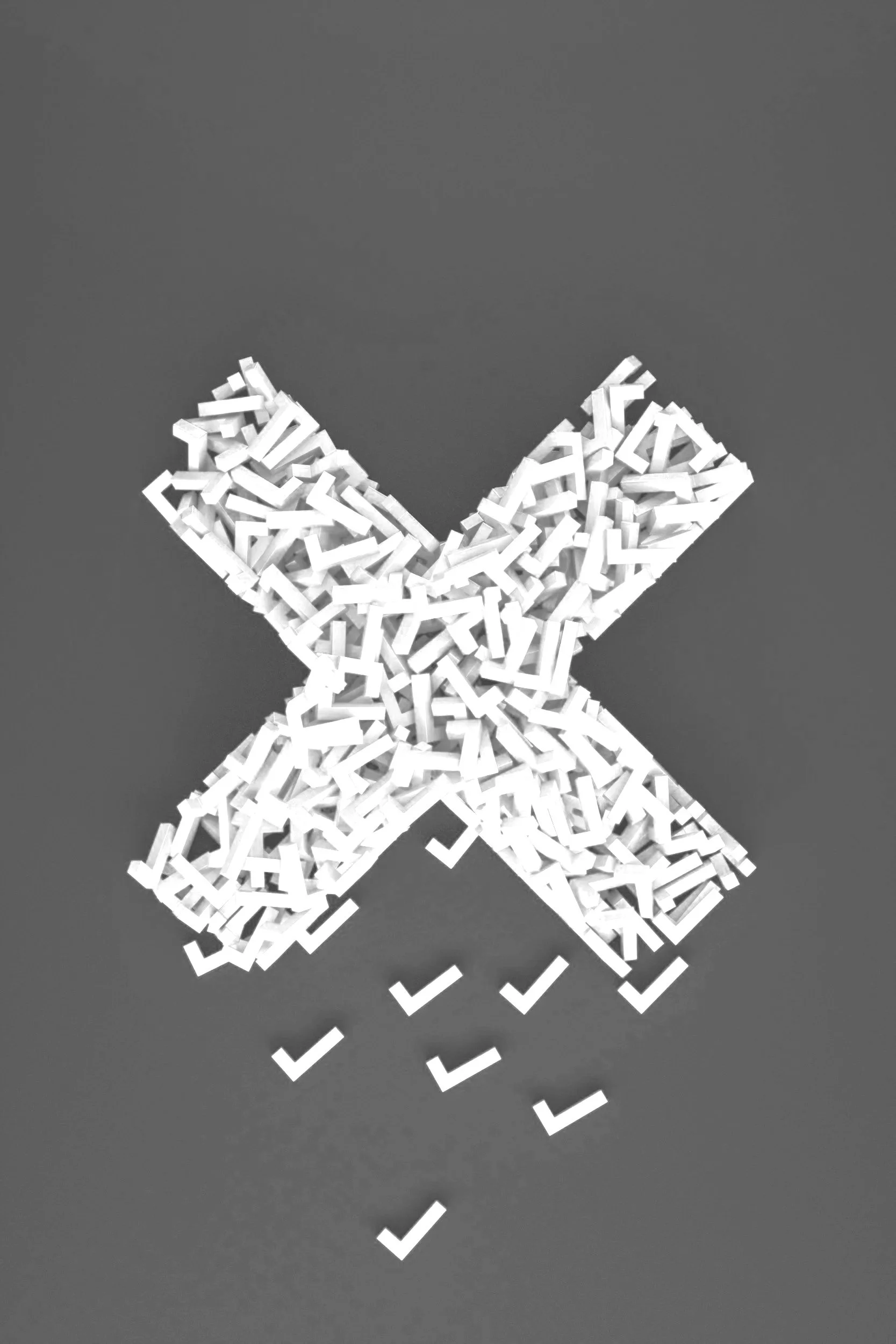 A large white 'X' made of small rectangular blocks on a dark background, with several blocks falling below.