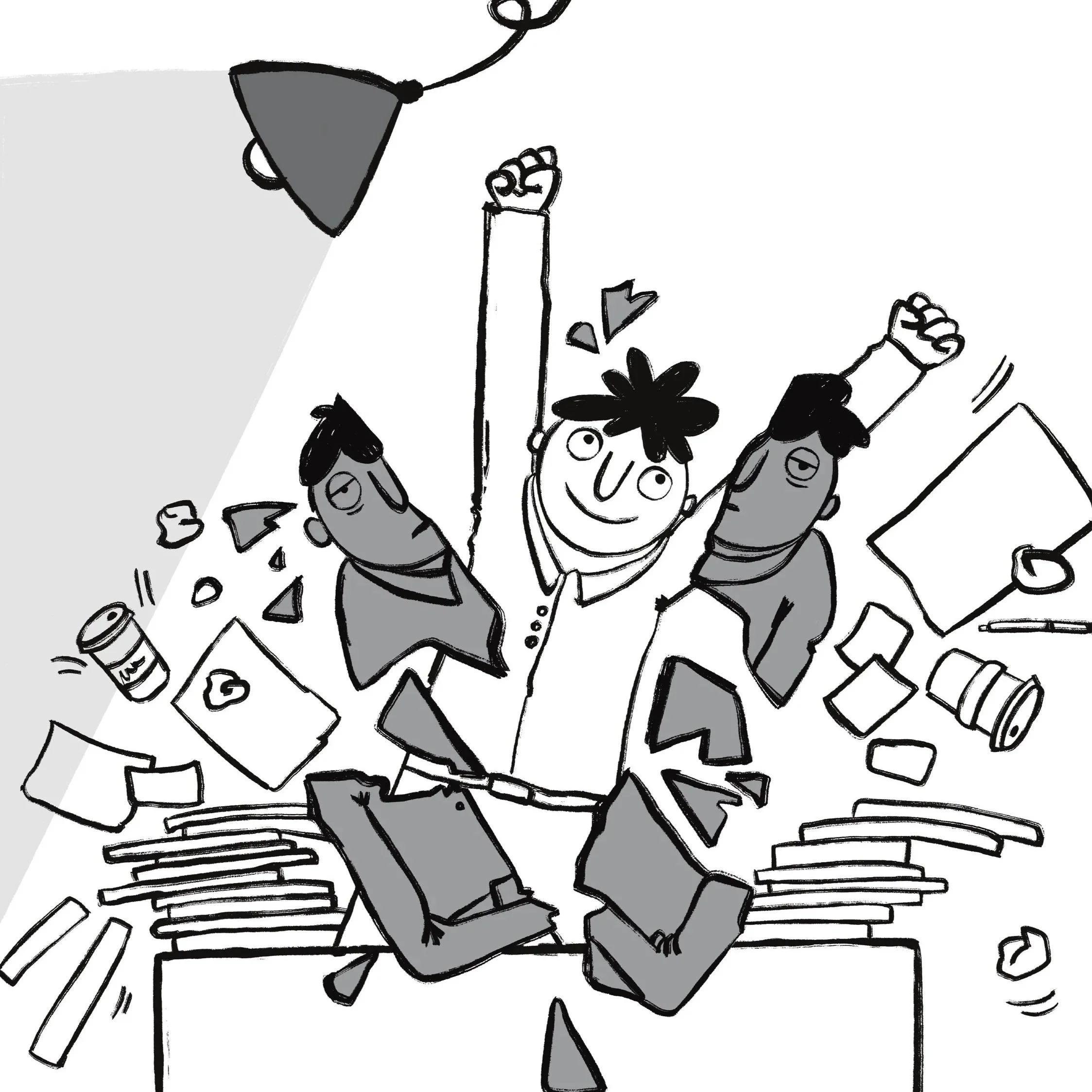A cartoon illustration of a person sitting at a desk, surrounded by flying papers, books, and office supplies, with a bright light shining on them.