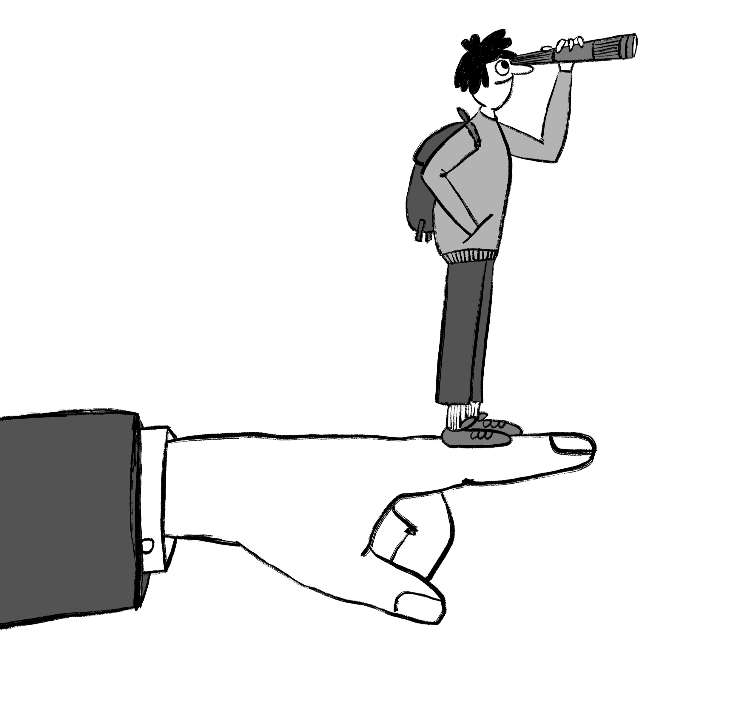 A person using a telescope outdoors at night, with a backpack and a hoodie, while a camera is pointed at the scene from a distance.