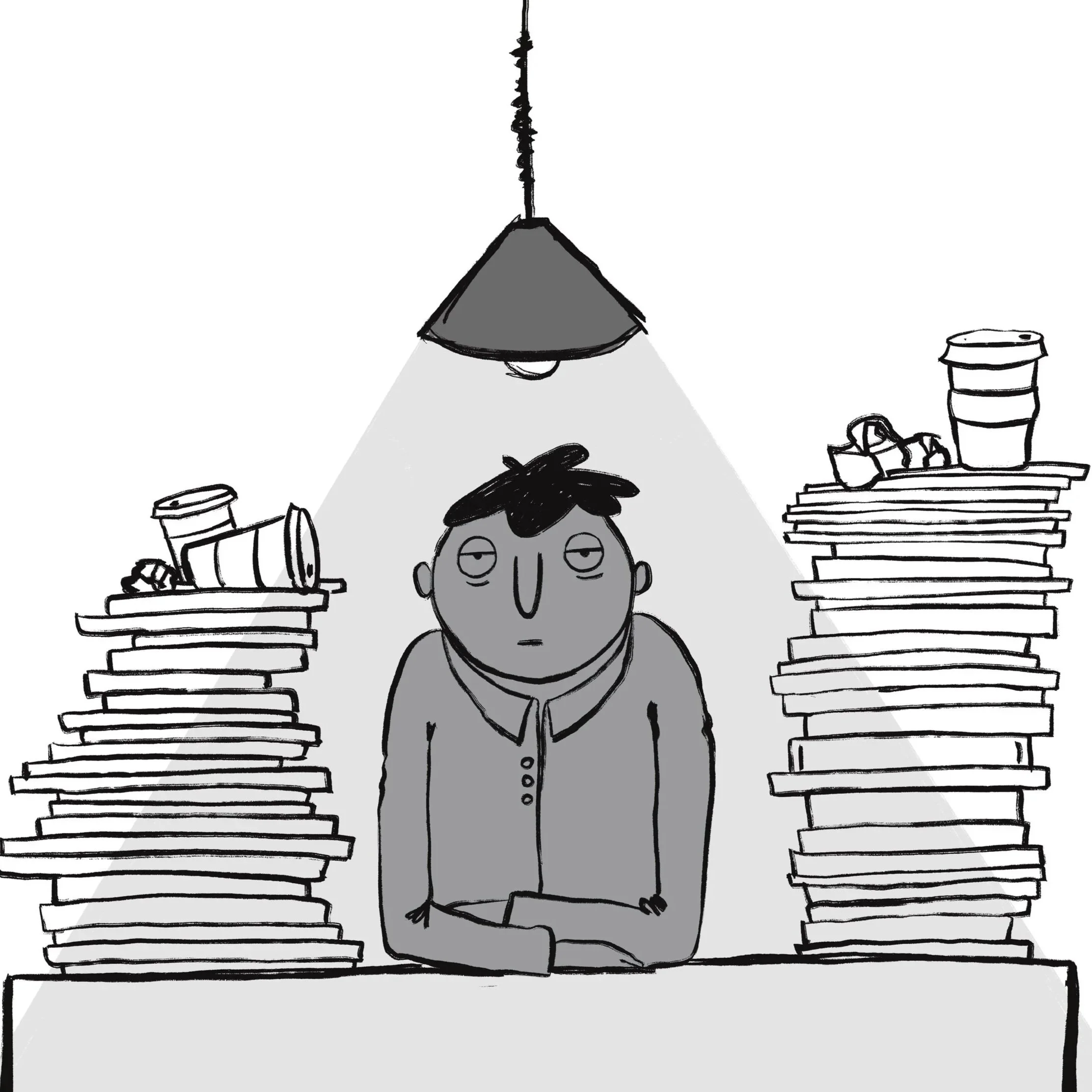 A tired man sitting at a desk with stacks of books on both sides, under a hanging lamp, looking exhausted or indifferent.