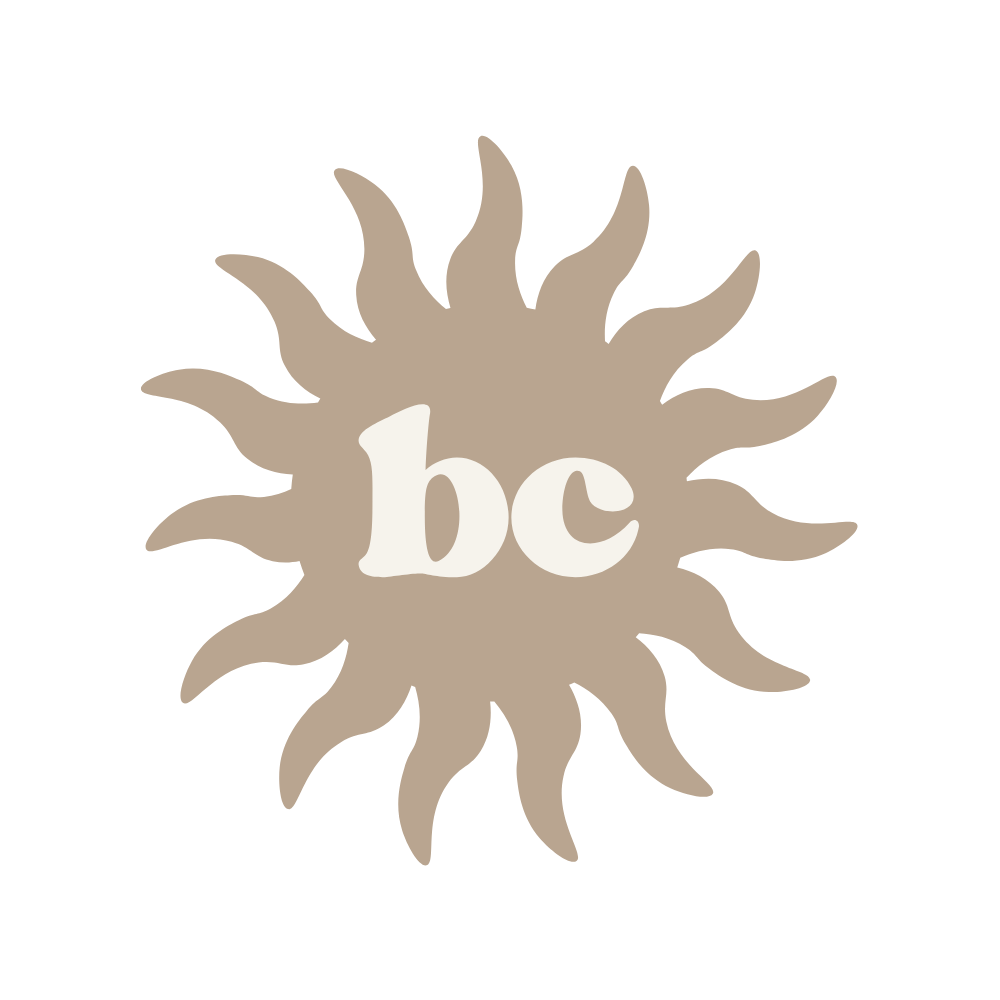 A logo featuring a beige sunburst design with the lowercase letters 'bc' in white in the center.