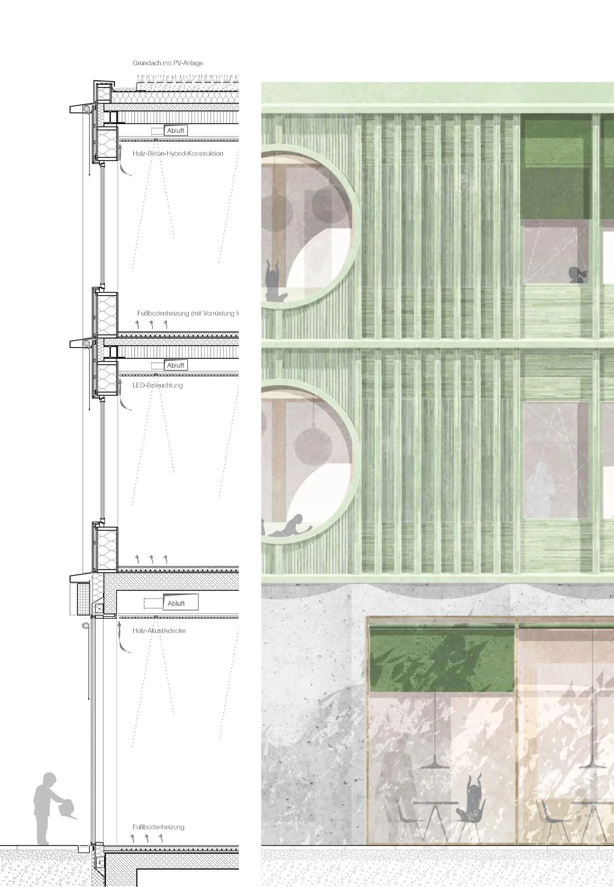 Architektonische Zeichnung eines Gebäudes mit Holzrahmen, großen runden Fenstern und nachhaltiger Dachkonstruktion, kombiniert mit einer zeichnerischen Darstellung des Innenraums und Außenansichten.