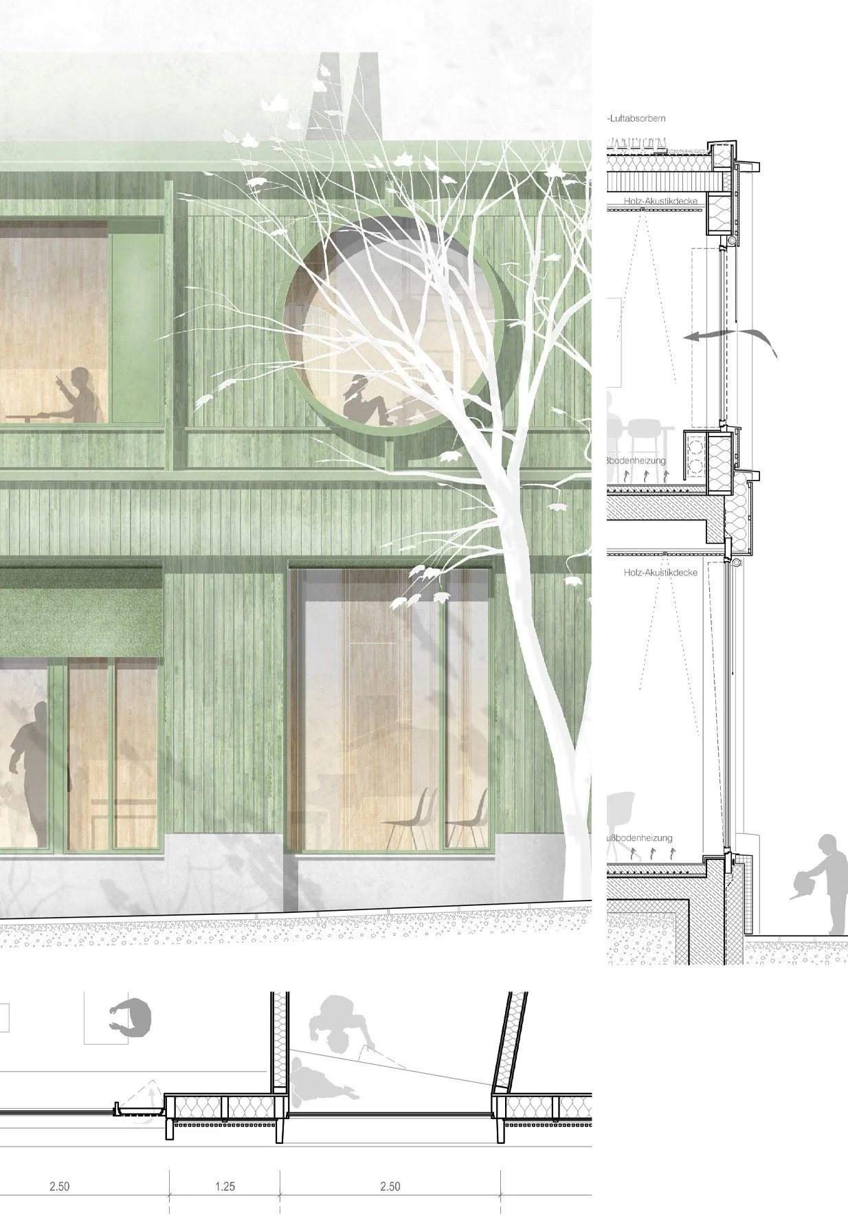 Architektenzeichnung eines Hauses mit Holzfassade, großen Fenstern und einem Baum vor dem Gebäude, Schnittansicht zeigt Innenräume und Dämmung.