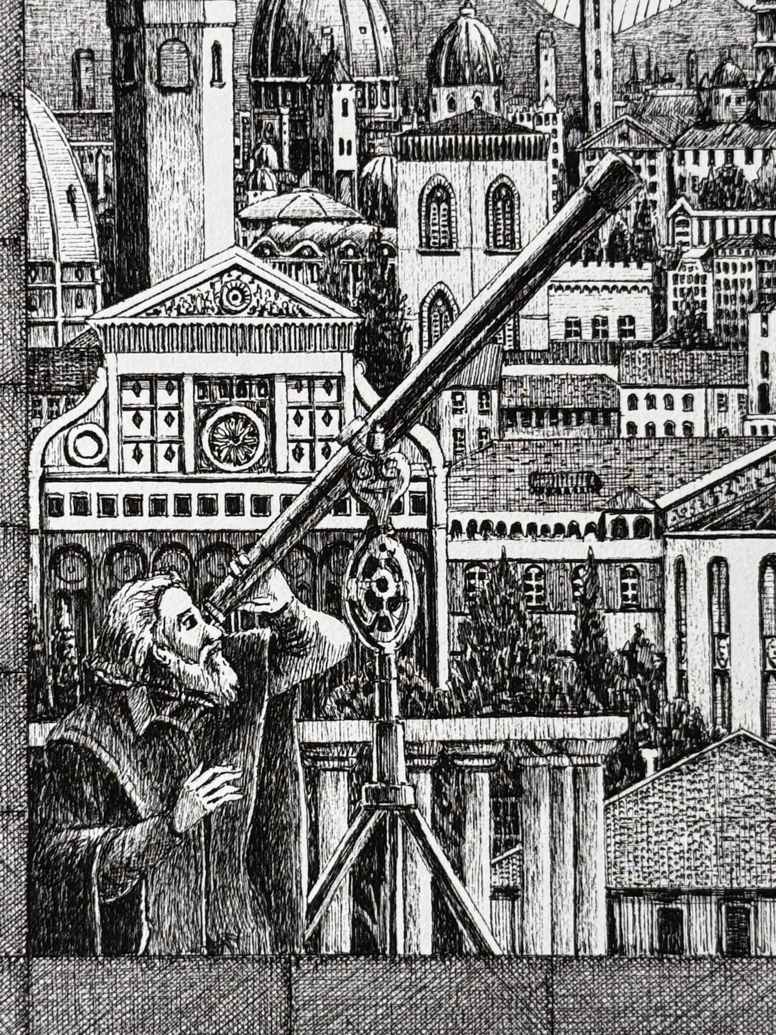 Detail of a pen and ink illustration showing a Renaissance astronomer observing the sky through a telescope within an imagined cityscape.