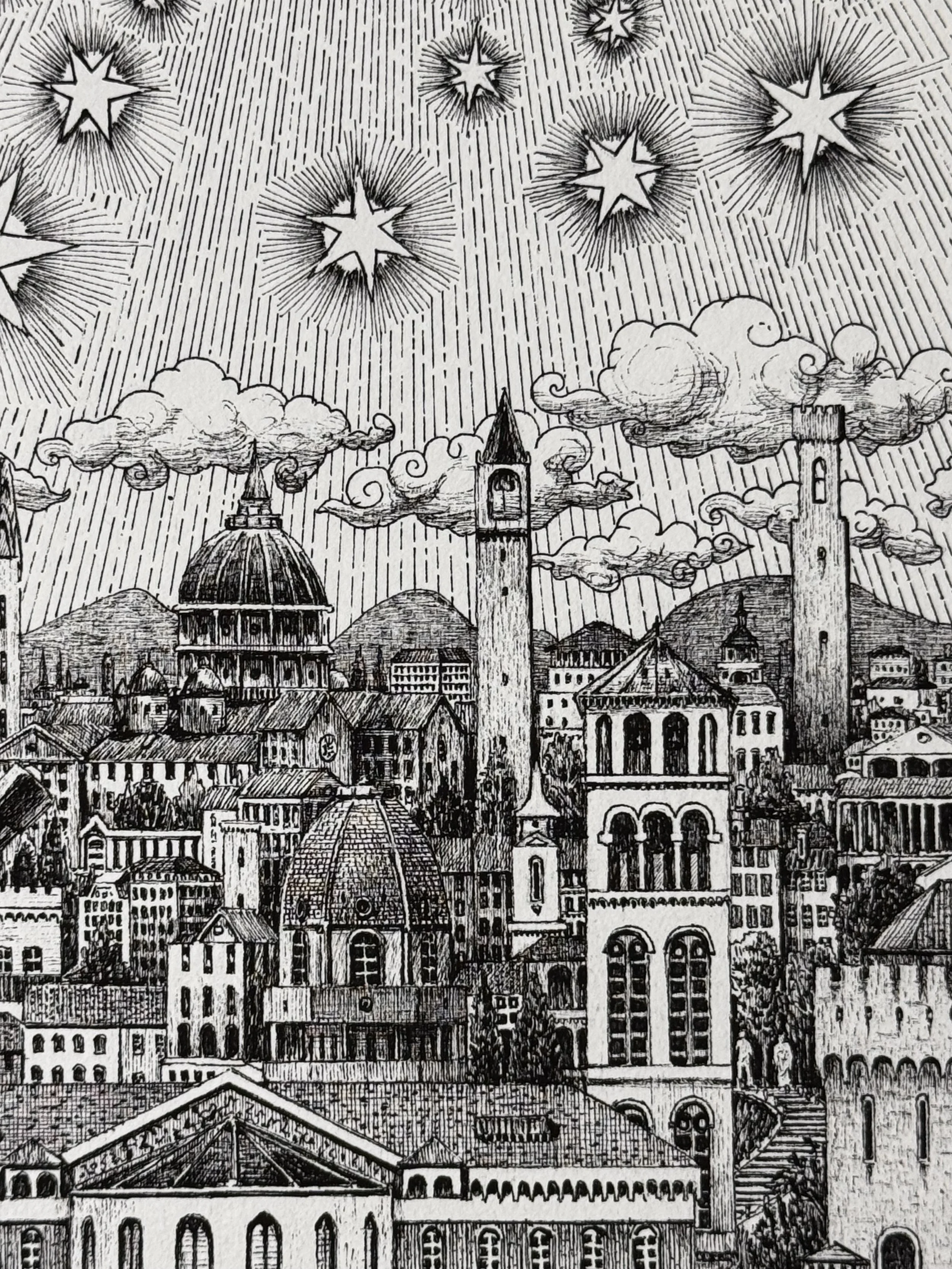 Detail of a black and white pen and ink Renaissance cityscape featuring domes, towers and classical architecture beneath a star filled sky.