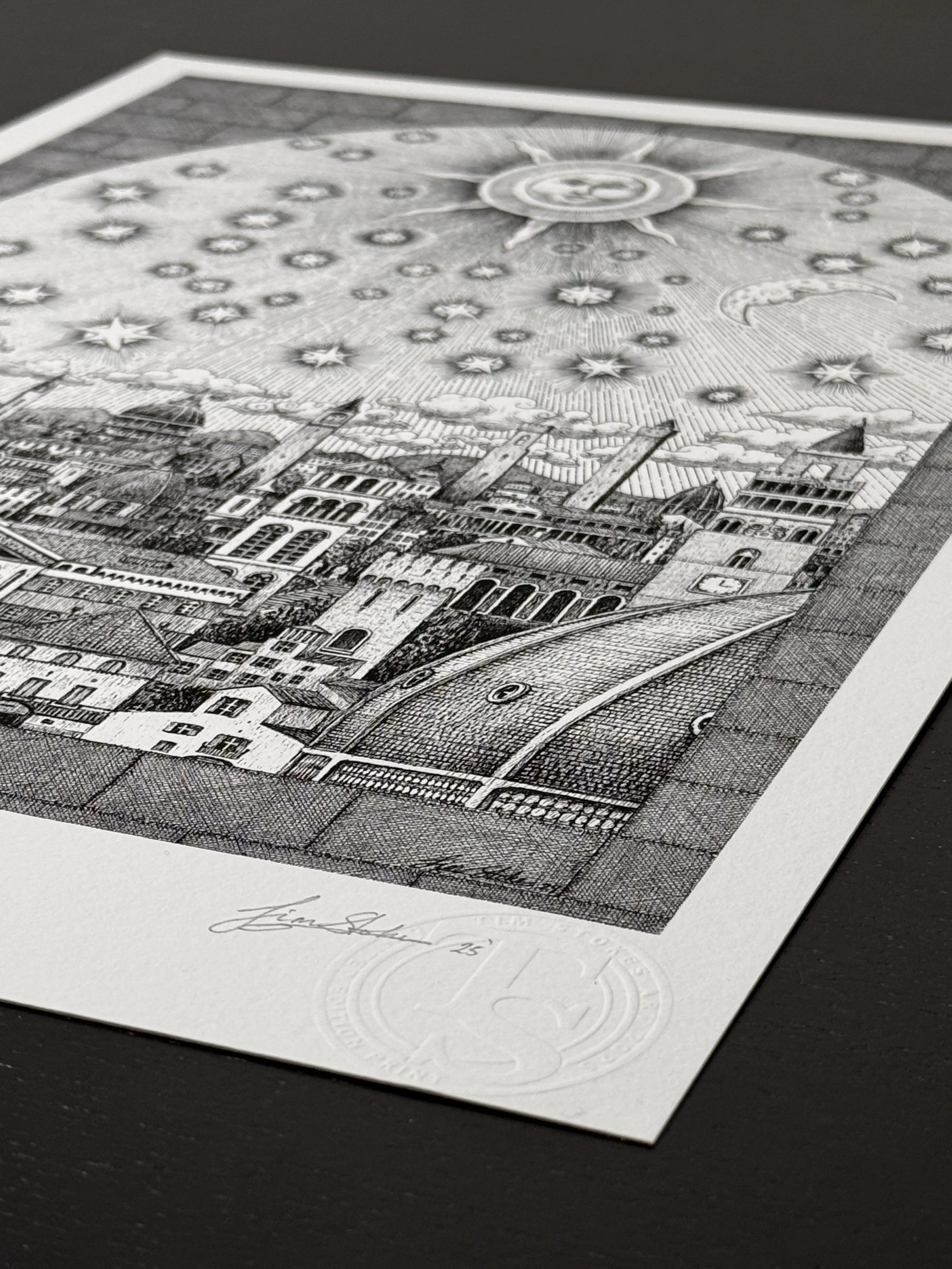 Angled close up of the lower section of the Starry Renaissance print showing detailed architecture, artist signature, edition number and embossed stamp on fine art paper.