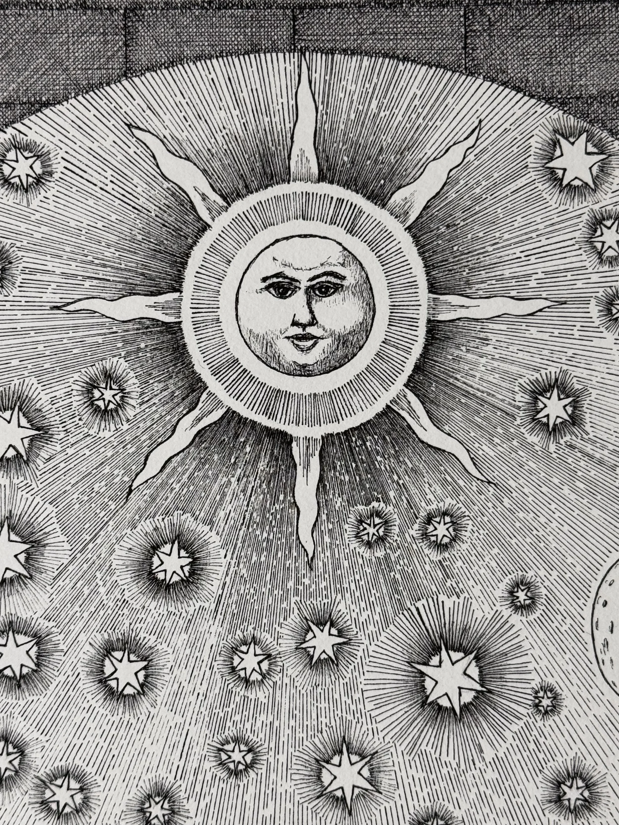 Close up detail of the celestial sun motif surrounded by stars, drawn in fine pen and ink linework in the artwork Starry Renaissance.
