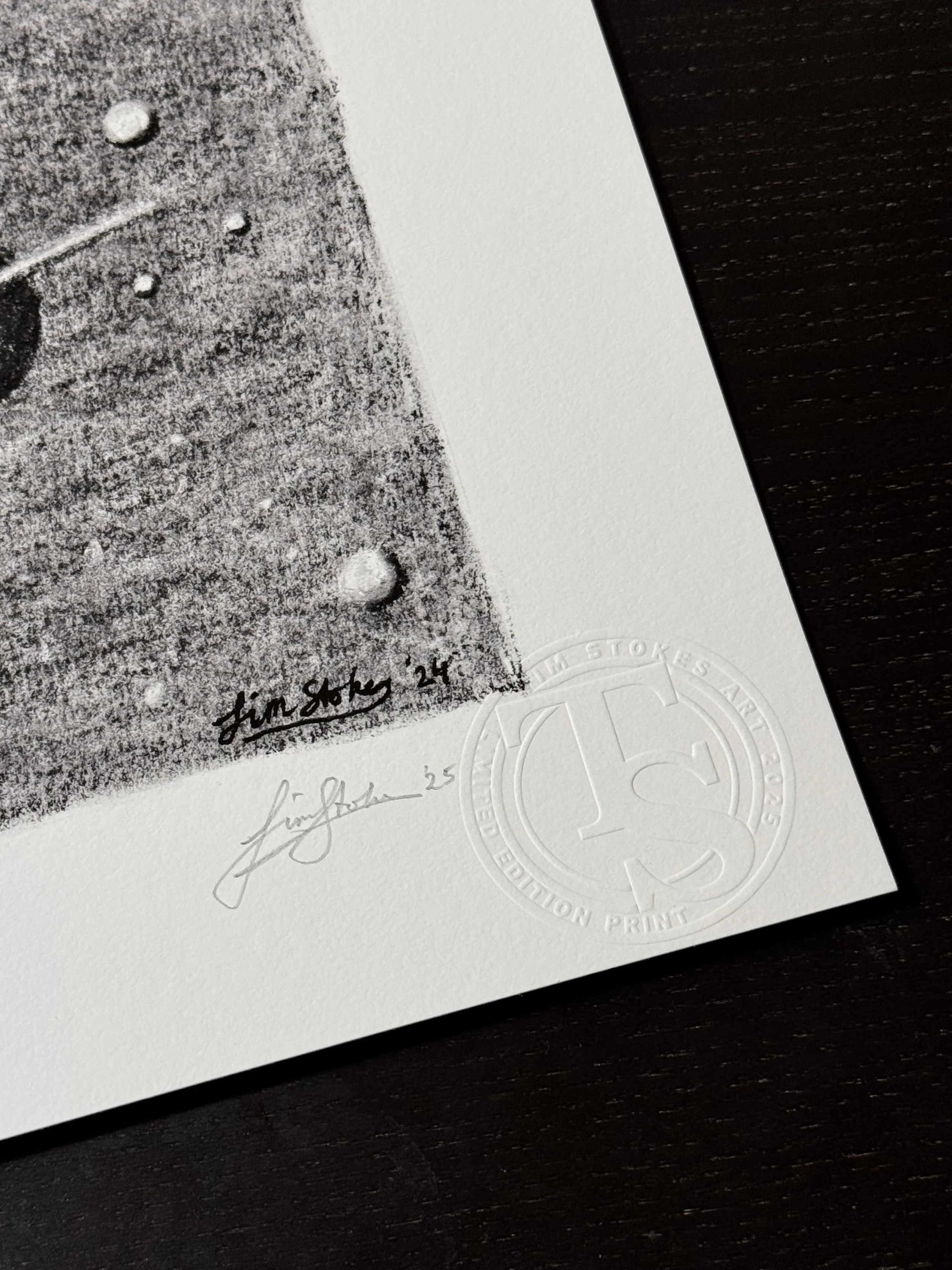 Close up of the artist’s signature and embossed seal on the Celestial Reverie limited edition fine art print by Tim Stokes.