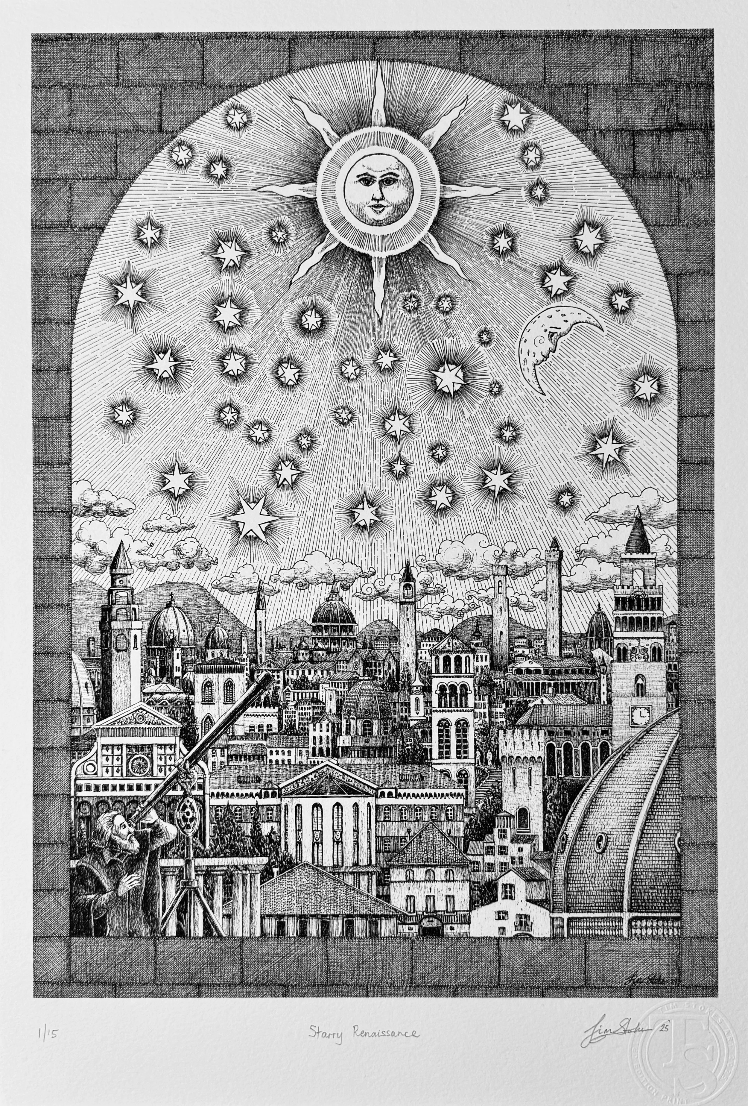 Black and white pen and ink architectural artwork depicting a Renaissance city beneath a celestial sky filled with stars, sun and moon, titled Starry Renaissance by Tim Stokes.