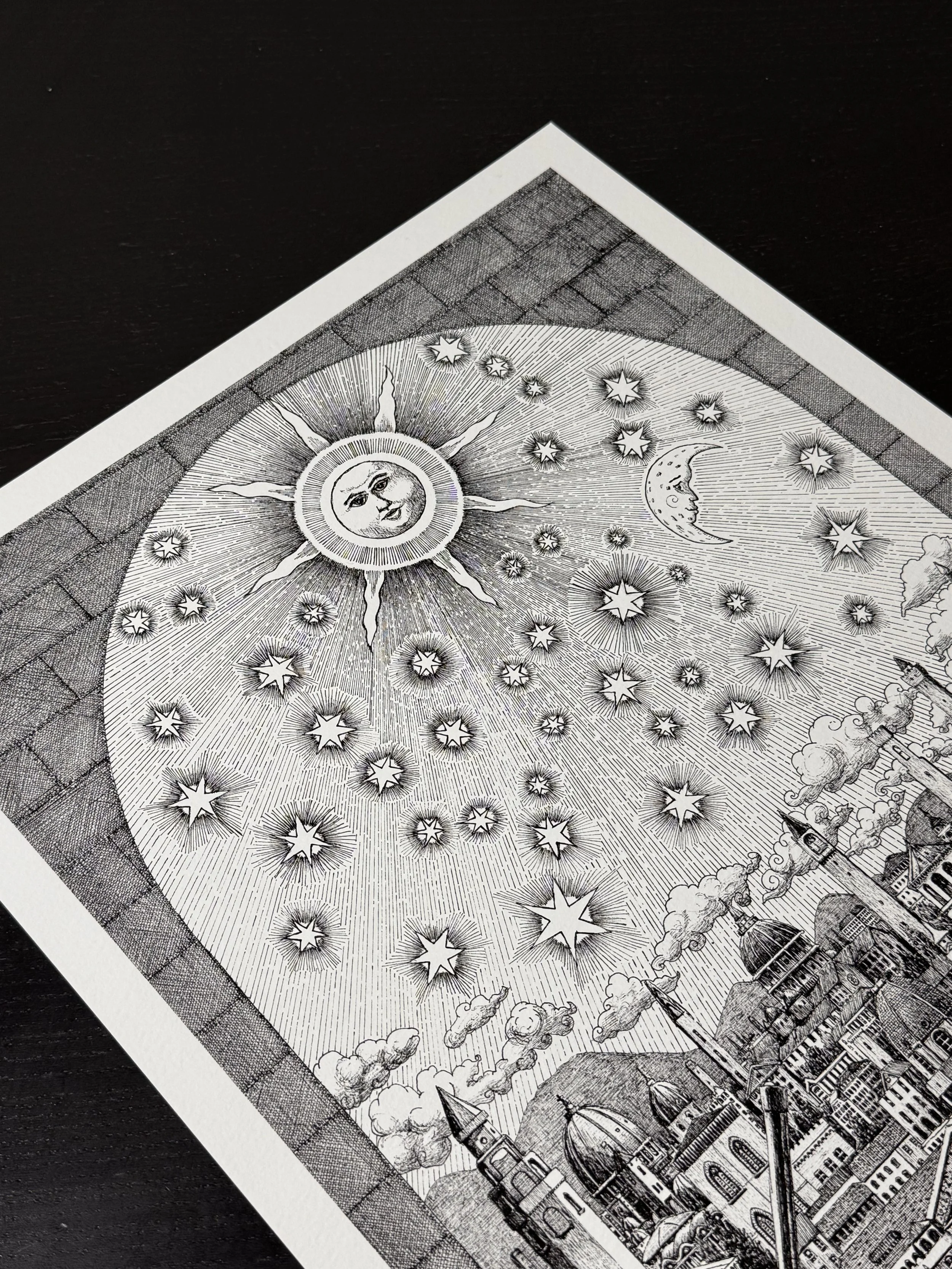 Angled detail of the upper section of Starry Renaissance showing a pen and ink celestial sky with stars, sun and moon above an imagined Renaissance city.