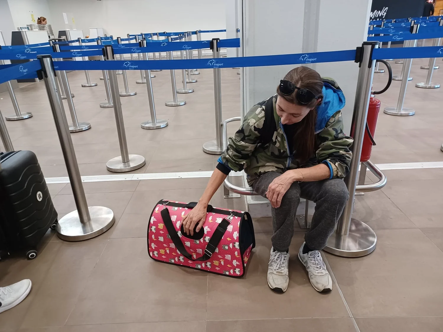 A Flight Buddy keeping a protective hand on the cat carrier while waiting
