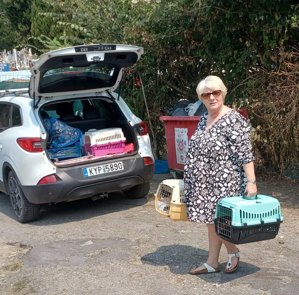 Gillian carrying cat carriers at the shelter on Corfu