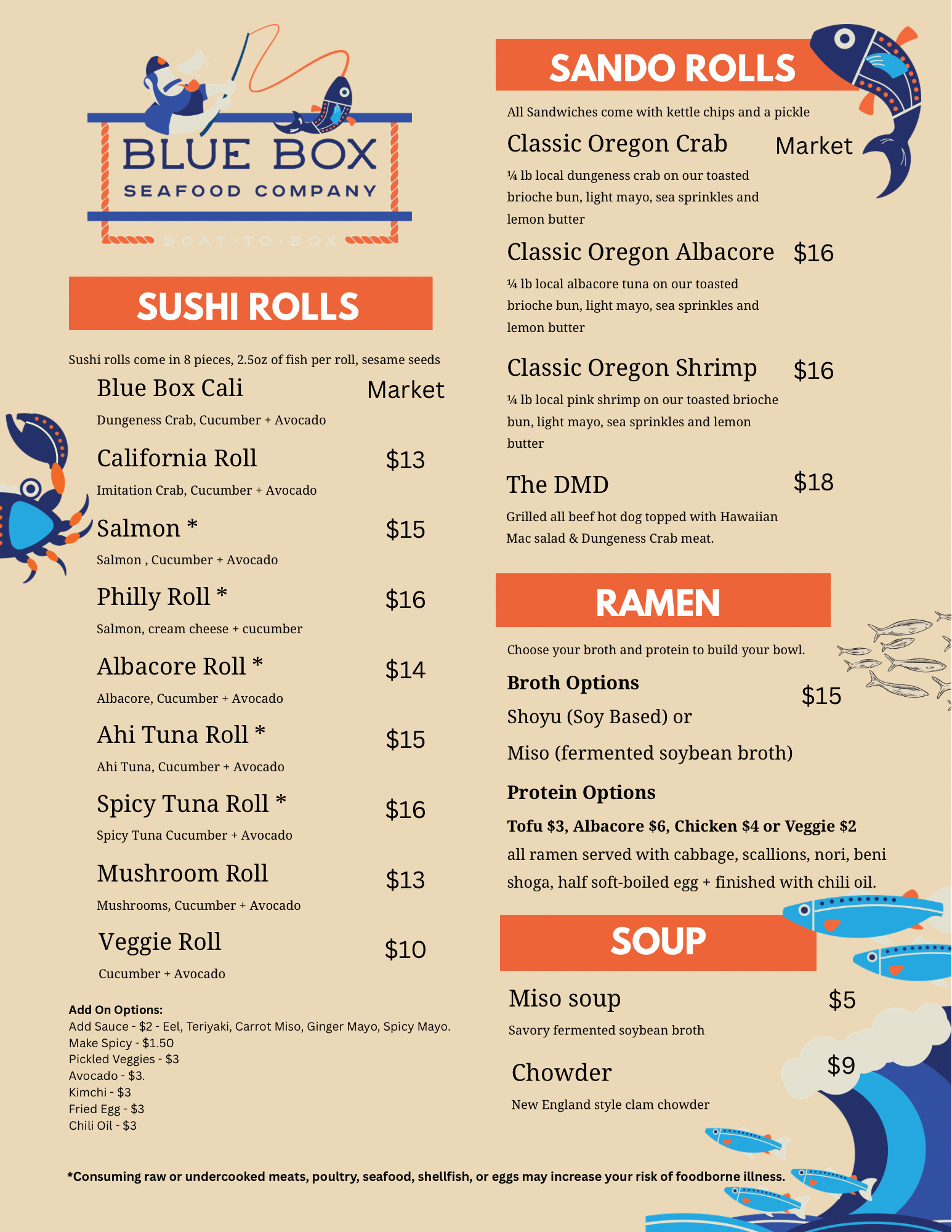 Seafood restaurant menu with sections for sushi rolls, sando rolls, ramen, and soup, featuring fish, crabs, shrimp, and menu prices.