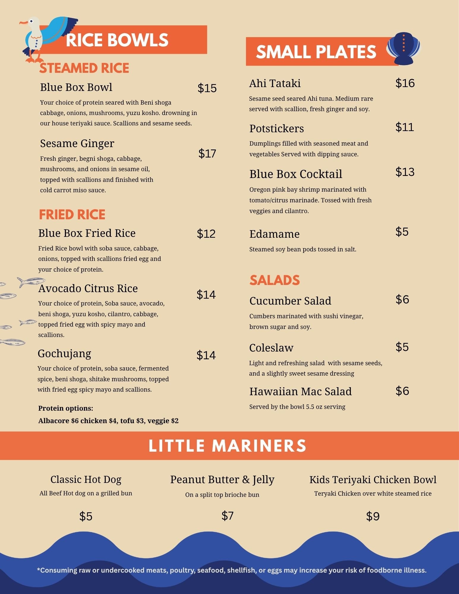 Menu displaying various Asian-inspired dishes including rice bowls, small plates, salads, and little mariners, with descriptions and prices.