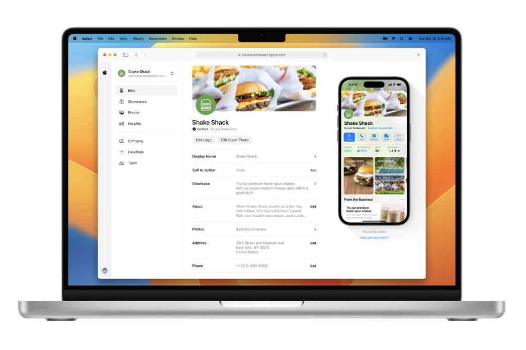 Laptop and smartphone displaying a restaurant profile for Shake Shack with menu, photos, and location details.