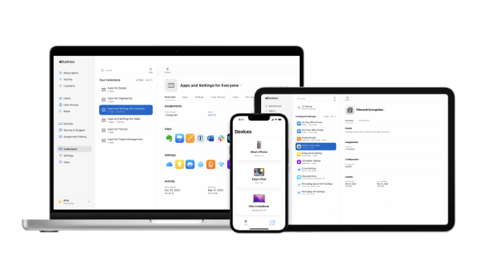 Multiple electronic devices including a laptop, tablet, and smartphone displaying device management software and app icons.