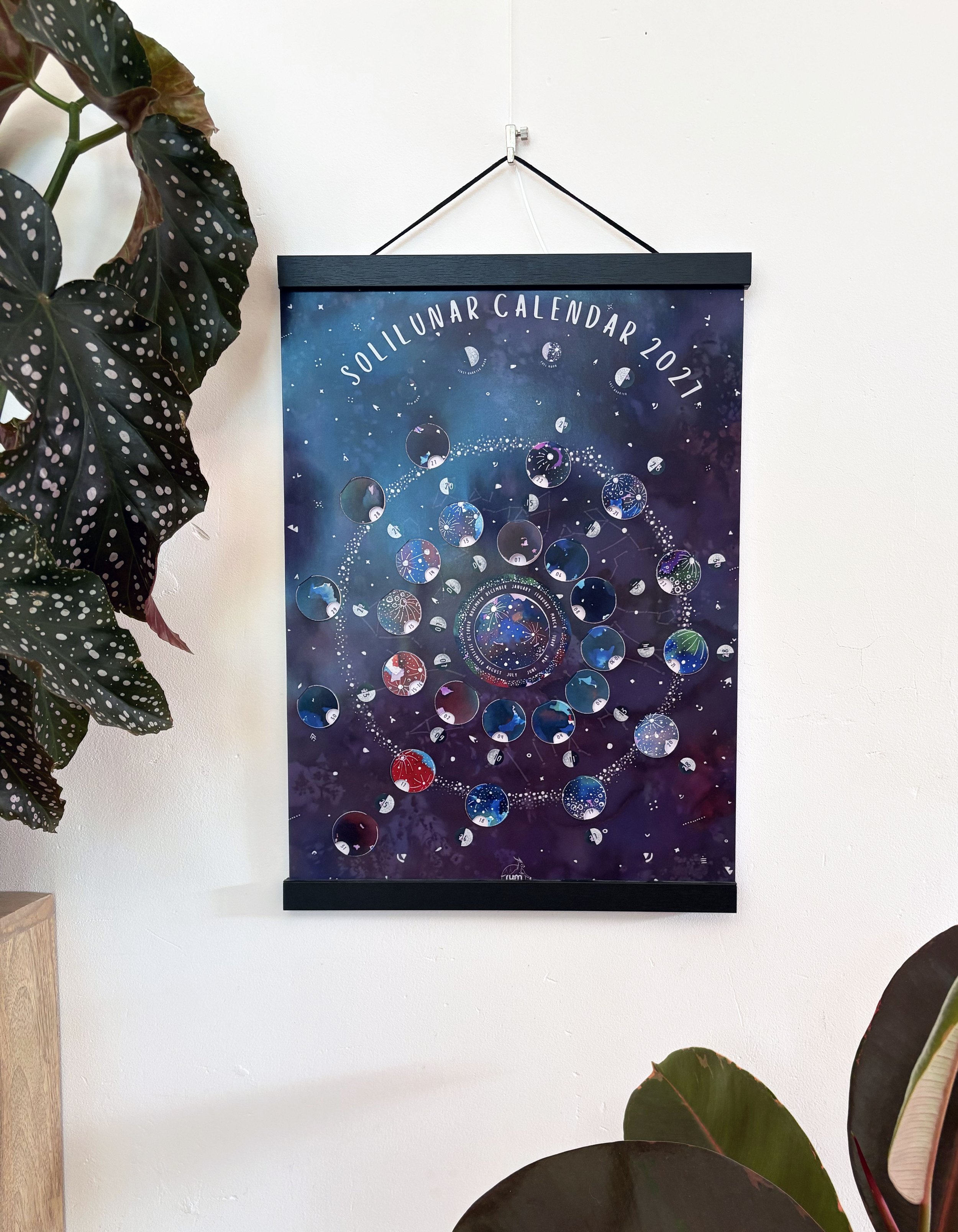 Full view of the handmade 2027 Moon Calendar, an A3 paper calendar featuring lunar phases and an interactive design.
