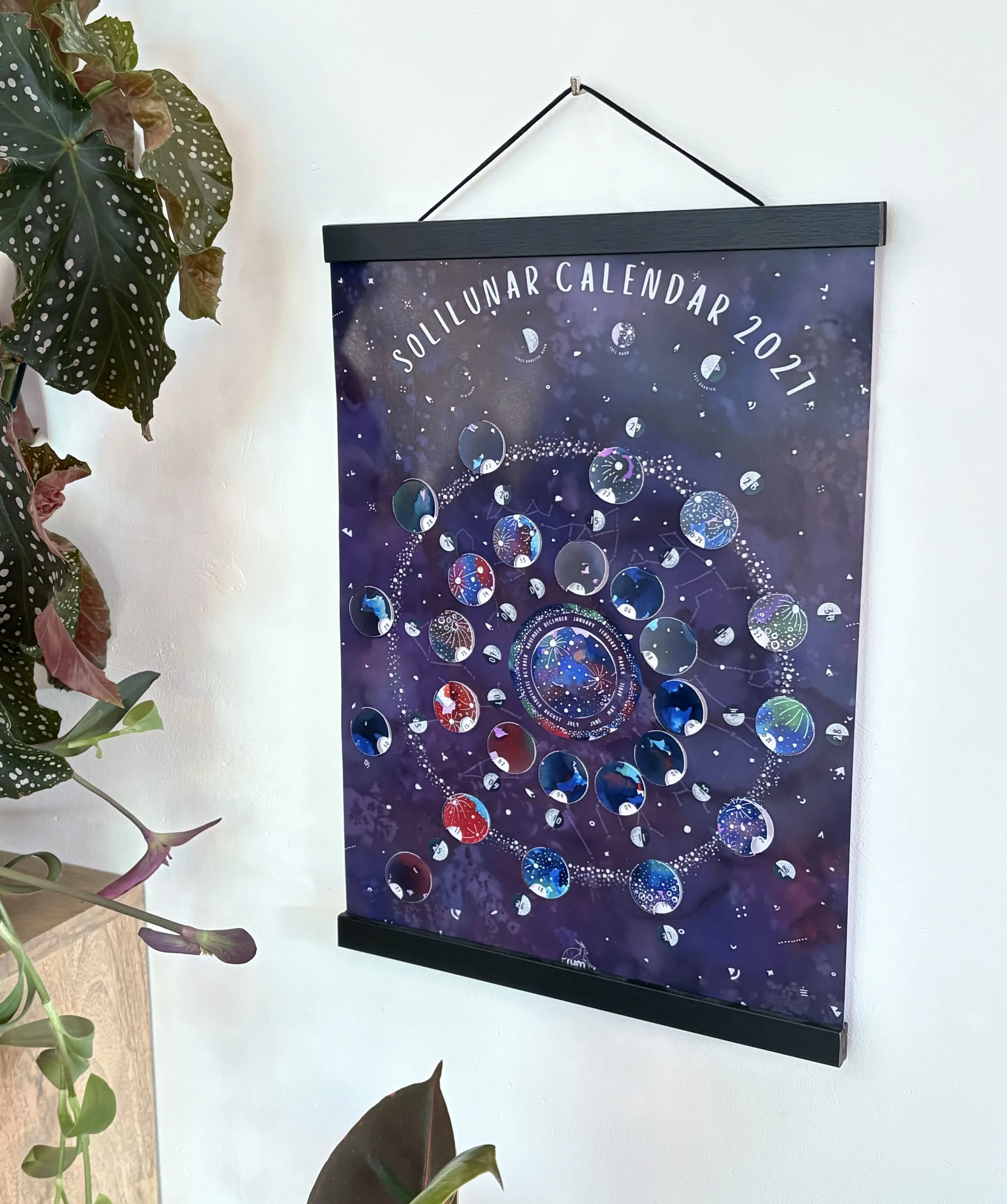 The 2027 Moon Calendar displayed as wall art in a home, surrounded by green foliage and black wooden frames.