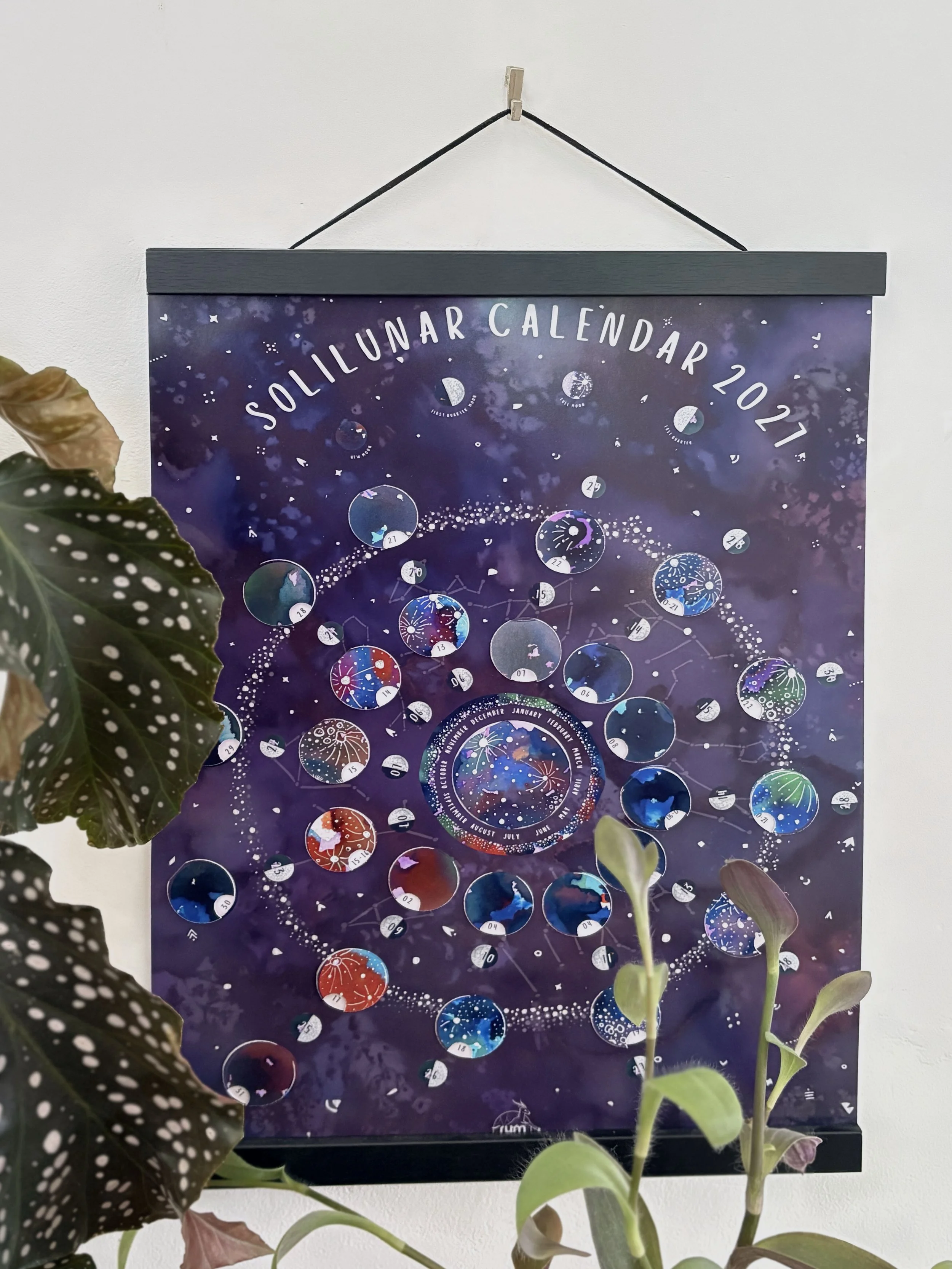 A closer view of the 2027 Moon Calendar displayed on a wall among houseplants, with colourful moon illustrations against a deep purple and dark blue background.