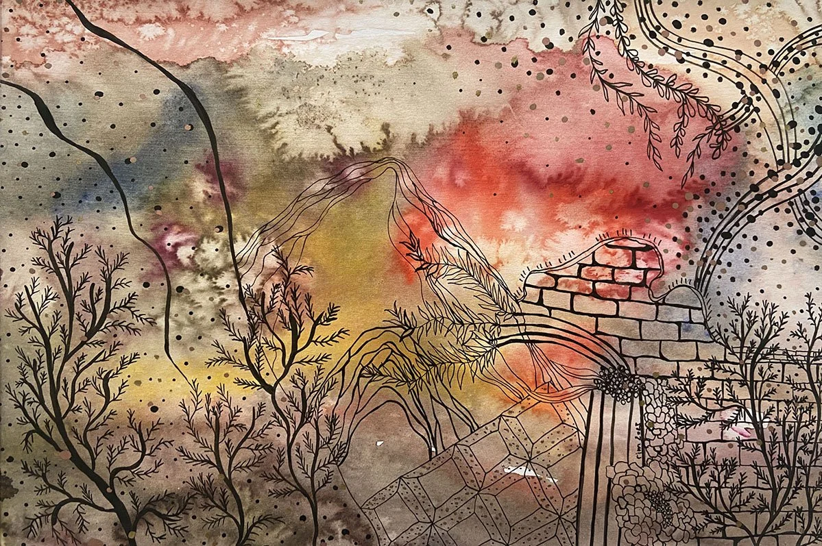 Topsy Turvy City, Watercolor and Black Ink drawing on paper, dreamy intuitive art inspired by nature, by Rim Creative Energy