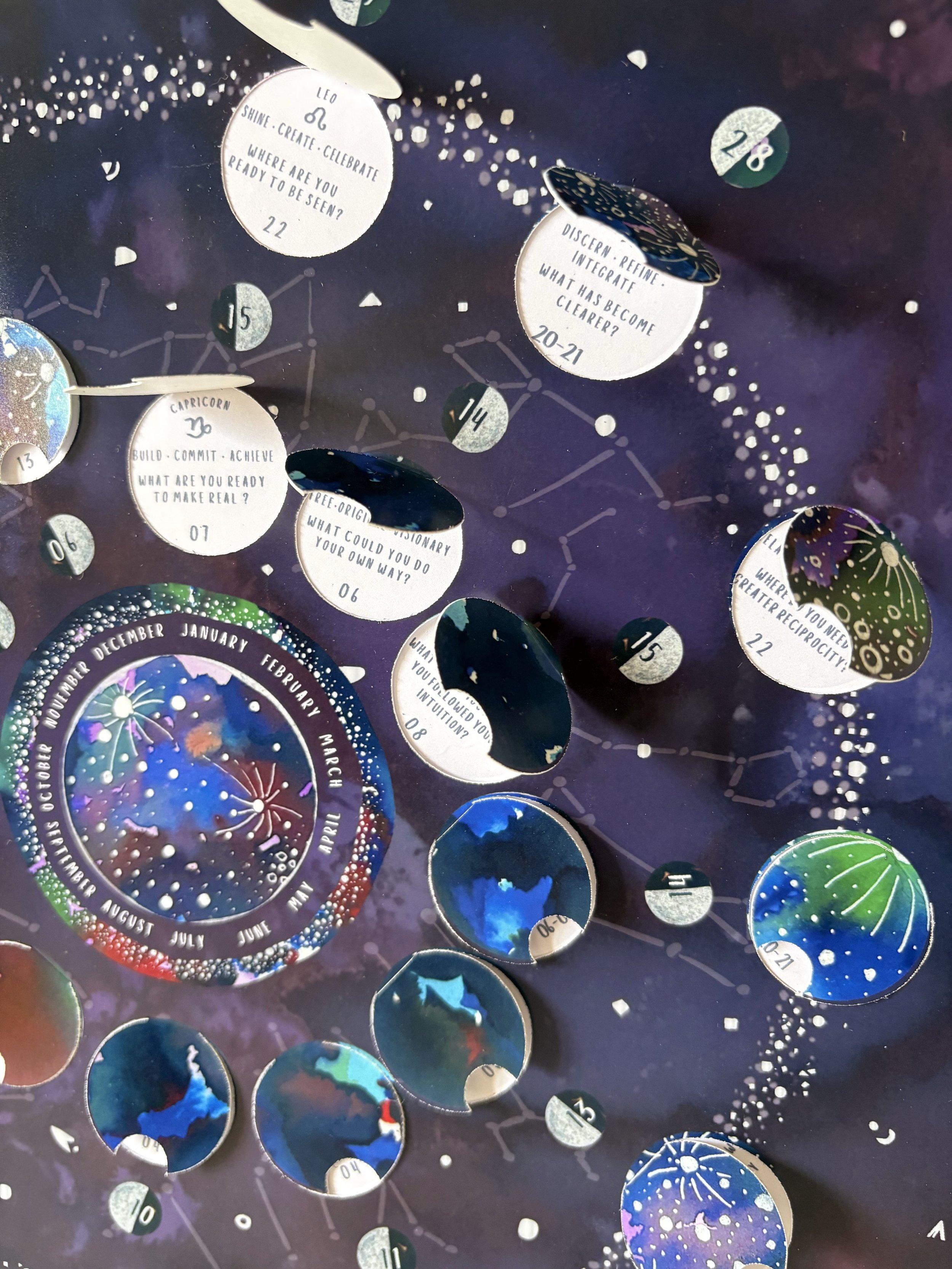 Close-up of a few liftable flaps on the 2027 Moon Calendar, revealing the Moon's zodiac sign, symbol, three keywords and a reflection prompt.