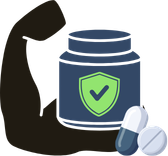 Hand holding a jar labeled with a shield symbol, with two pills beside it.