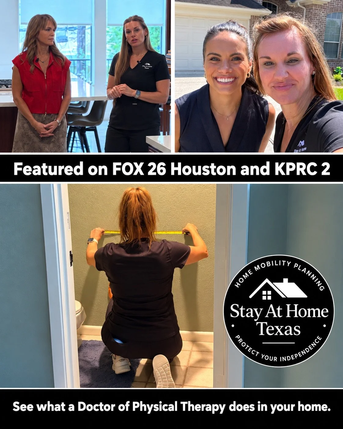 Paige Denny, Doctor of Physical Therapy and co-founder of Stay At Home Texas, featured alongside FOX 26 Houston and KPRC 2 media appearances highlighting home mobility and accessibility.