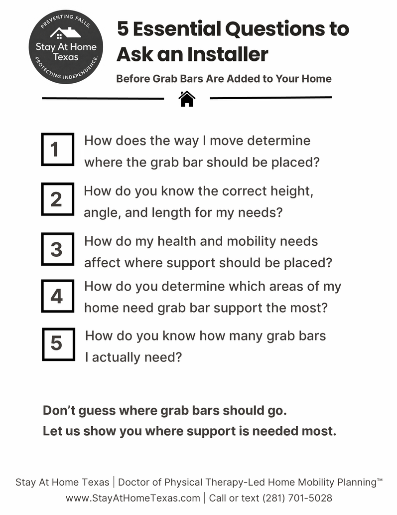 Five questions to ask before grab bars are added, including how movement, height, angle, mobility needs, and support placement affect grab bar safety