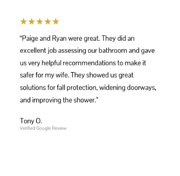 Verified Google review from Tony O. about Stay At Home Texas helping with bathroom safety, mobility, and home changes.