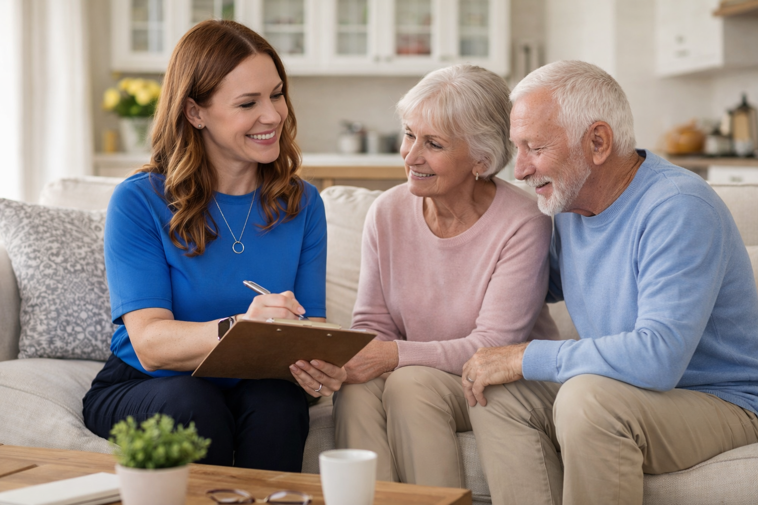 Professional home safety consultant providing in-home planning guidance to an older couple