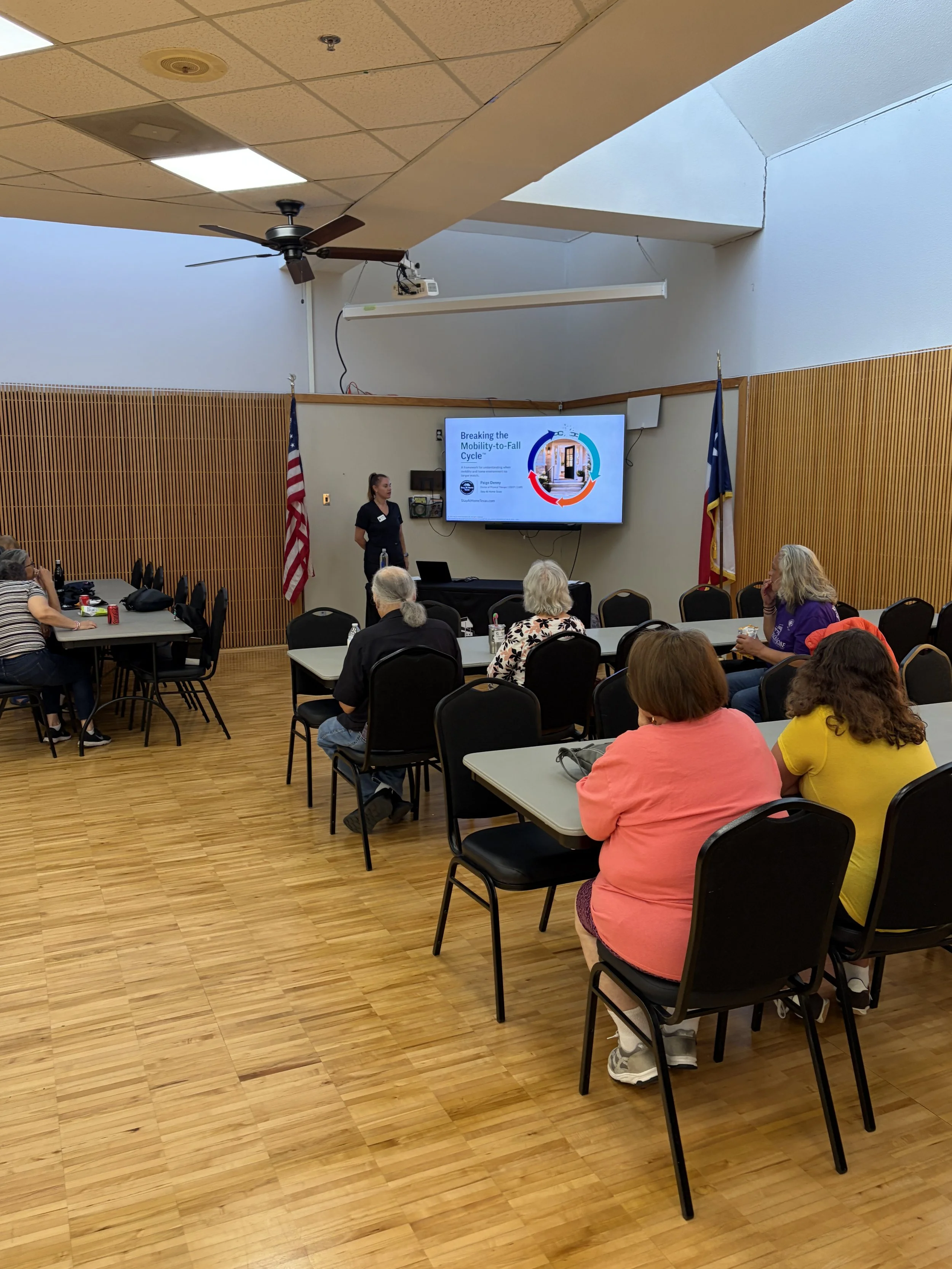 Paige Denny providing community education in Houston about Home Mobility Planning, accessibility, fall risk, and safer living at home.