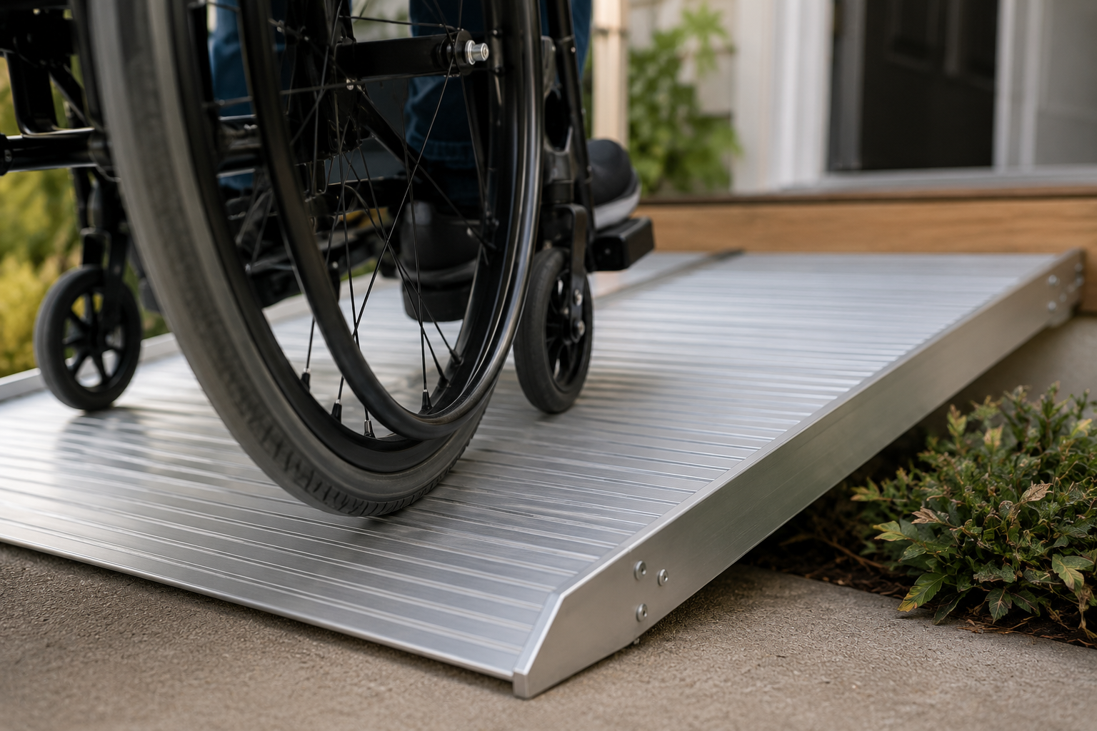 Close-up of a wheelchair using a metal accessibility ramp at a residential home entrance in Houston