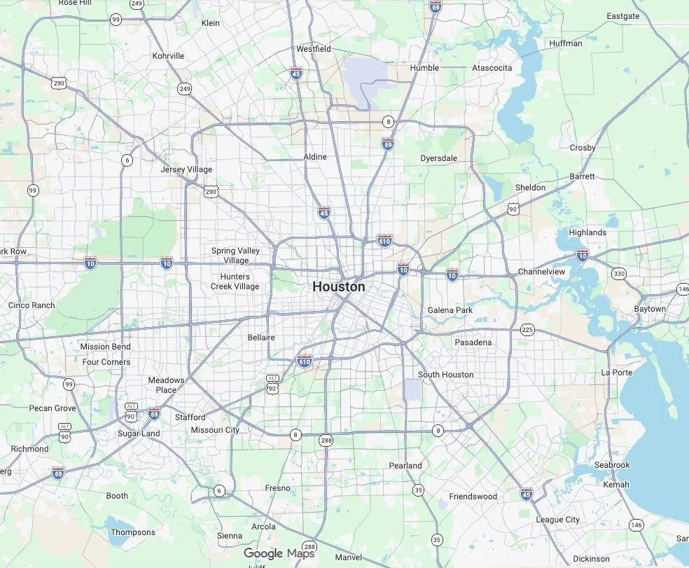Map showing the Greater Houston area served by Stay At Home Texas for in-home Doctor of Physical Therapy-led consultations.