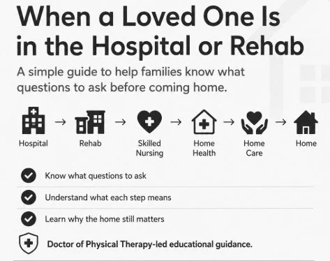 Graphic for Stay At Home Texas family guide explaining questions to ask when a loved one is in the hospital, rehab, skilled nursing, home health, or home care before returning home.