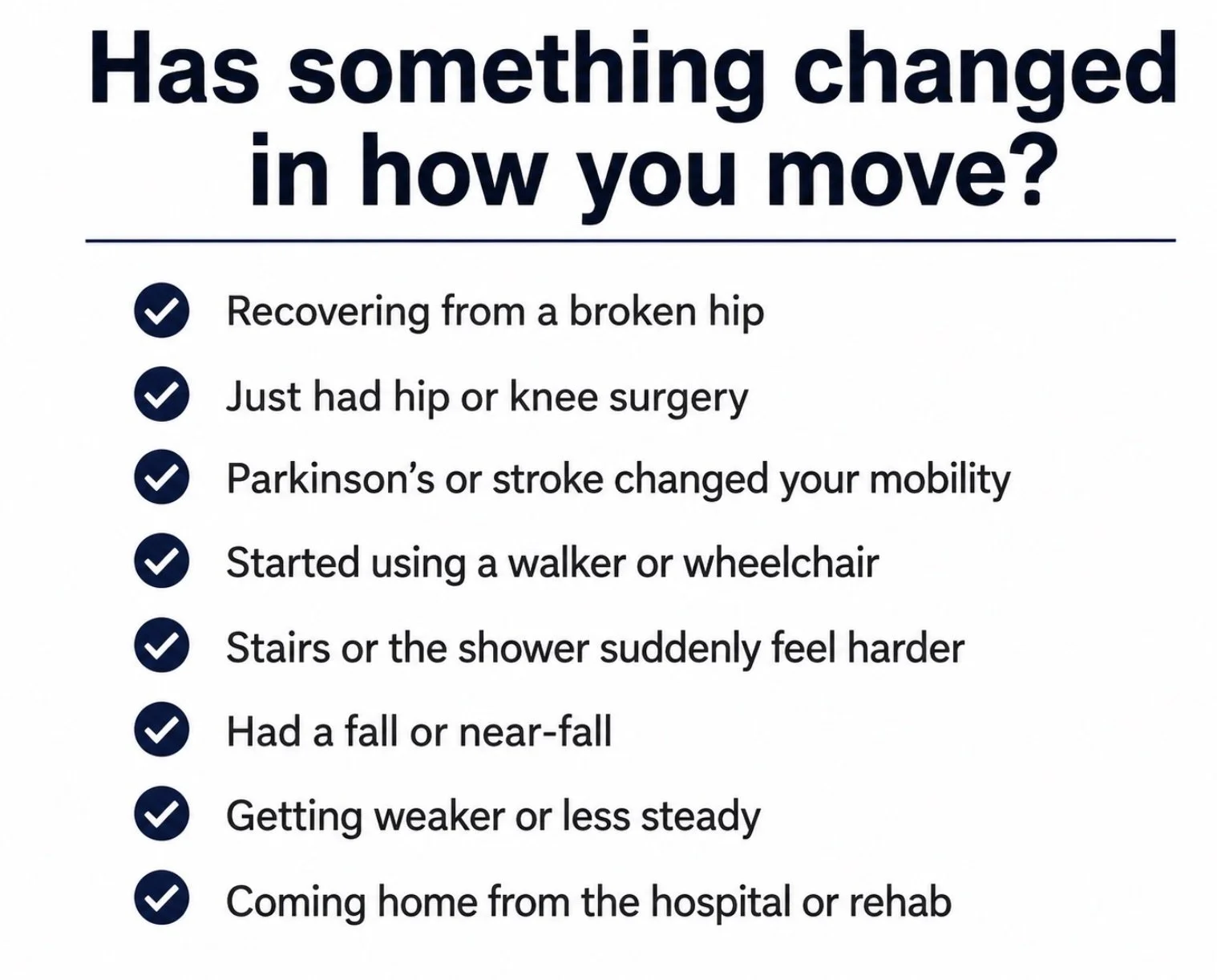 Examples of mobility changes including hip surgery, Parkinson’s, stroke, walker or wheelchair use, falls, weakness, and returning home from hospital or rehab.
