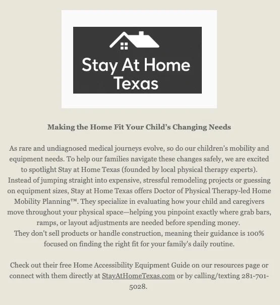 Stay At Home Texas featured in the CC4C family newsletter as a resource for families navigating mobility, accessibility, and changing home needs.