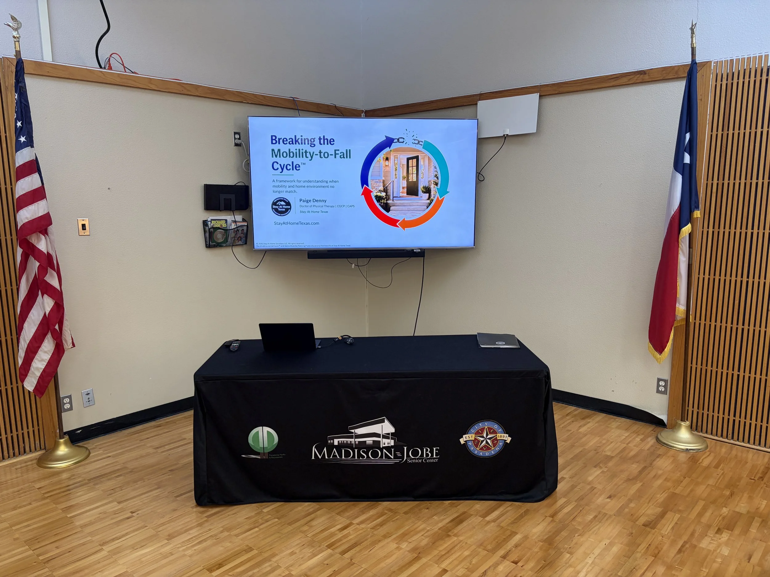 Paige Denny presenting Home Mobility Planning and fall-risk education at Madison Jobe Senior Center in Houston.