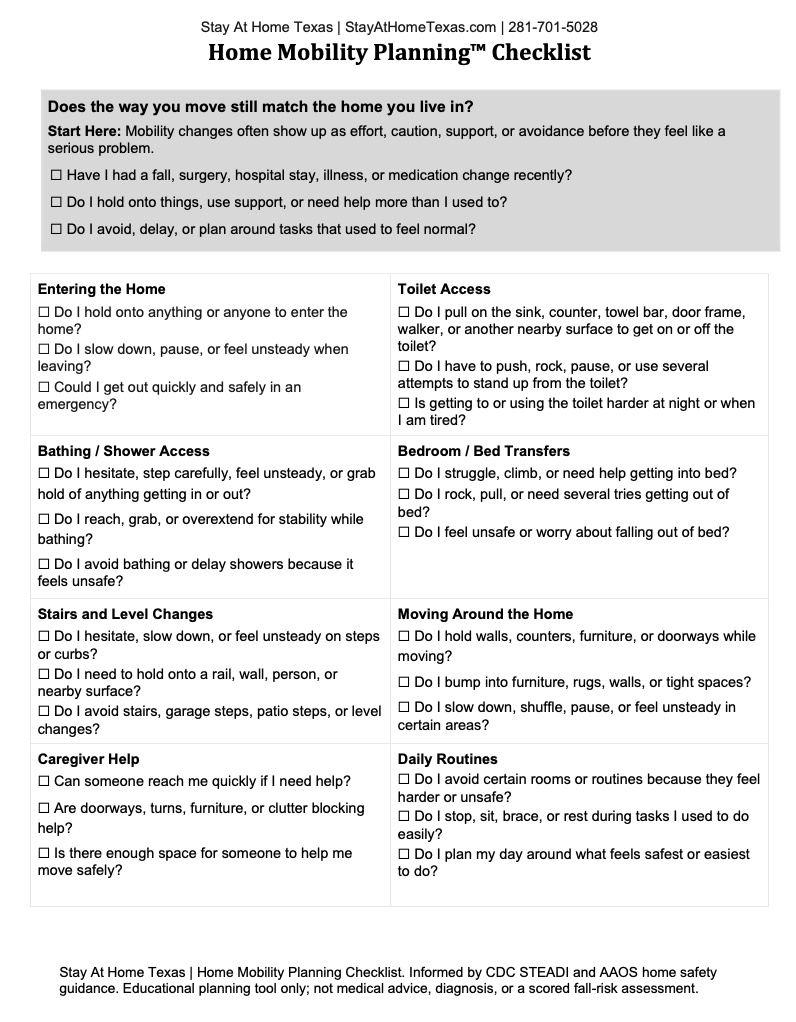 Preview of the Home Mobility Planning Checklist from Stay At Home Texas, a conversation guide for families after a mobility change.