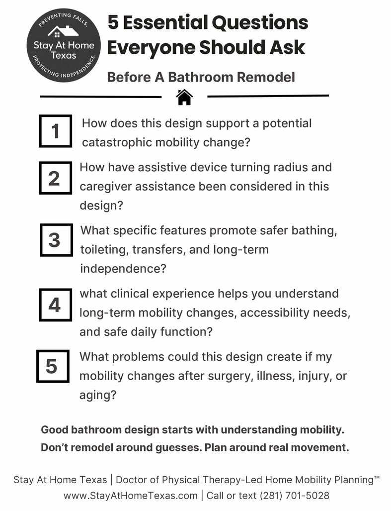 Five essential questions to ask before a bathroom remodel focused on mobility, accessibility, safer bathing, transfers, caregiver help, and long-term independence