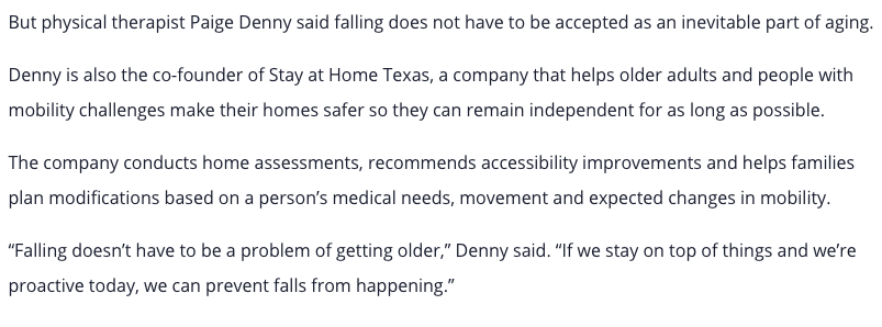 Dr. Paige Denny of Stay At Home Texas during a KPRC 2 Houston fall prevention story about home mobility and accessibility.